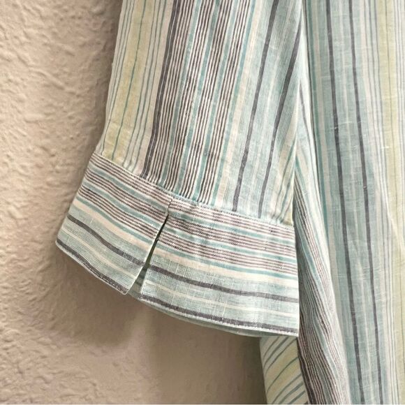 Chicos No Iron Striped 100% Linen Button Front Top Shirt Teal Blue White Size XL - Picture 6 of 10